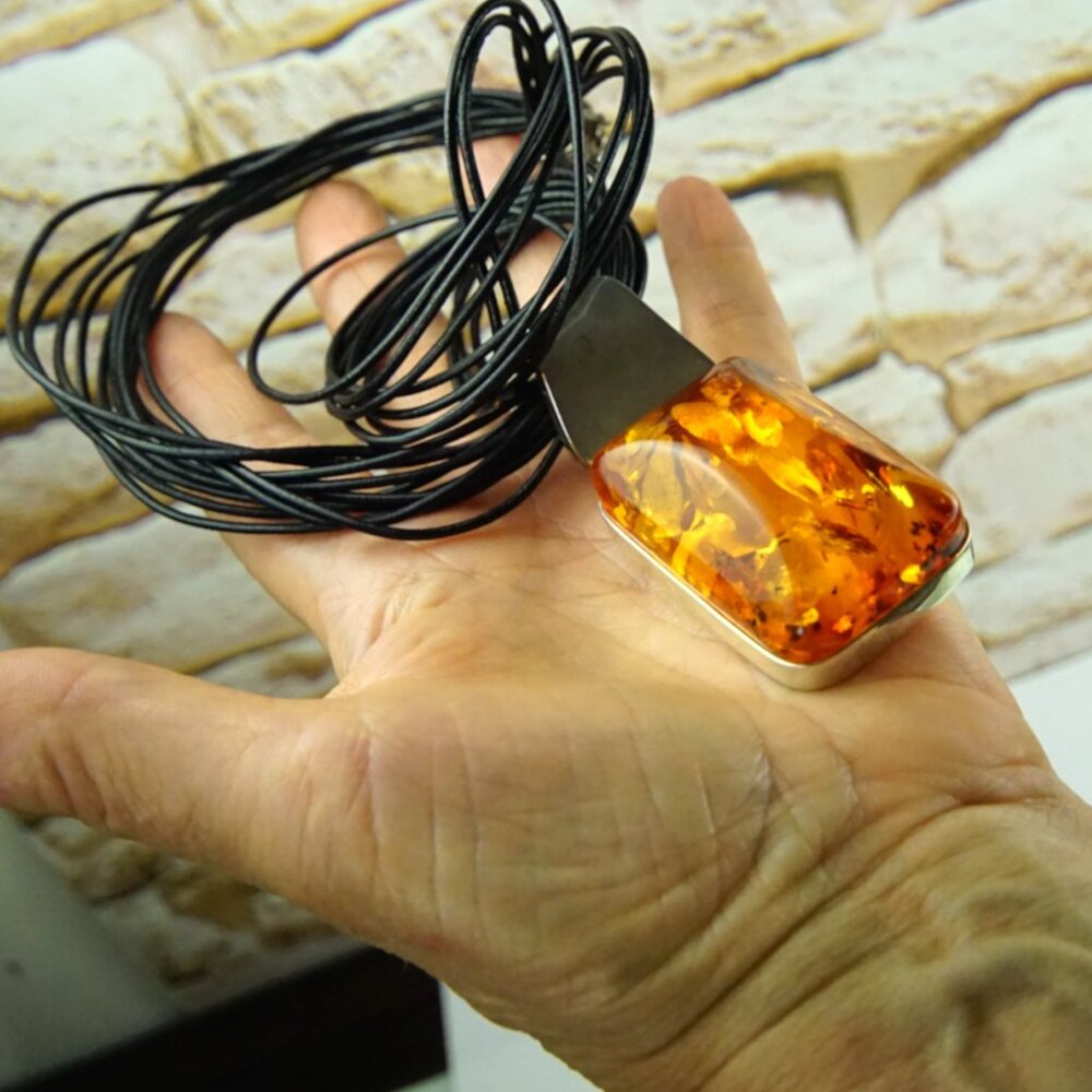 Modernist Faceted Amber and 925 Silver Huge Pendant With Black Leather Cord 17"
